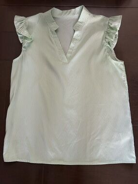 Light Green and White Striped Ruffle Sleeve V-Neck Blouse